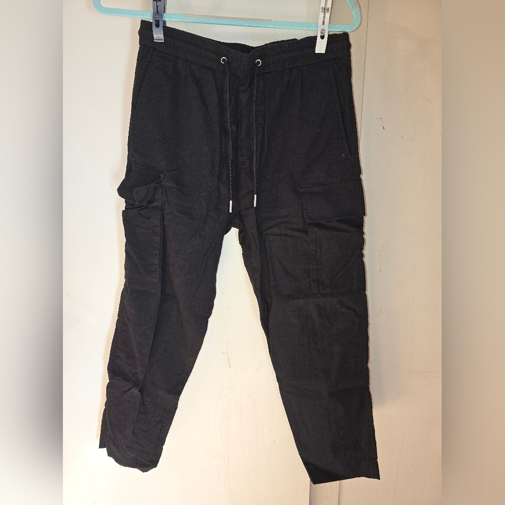 H&M Men’s Black Linen Cotton Cargo Pants Joggers XS